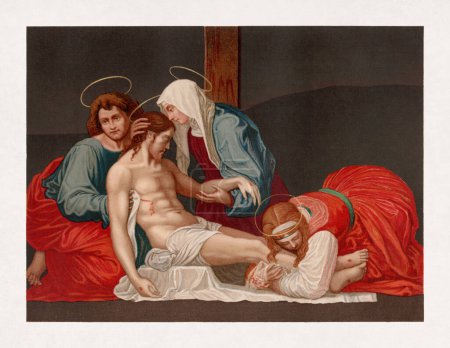 Chromolithographie mit dem Titel "Der tote Christus" stellt Maria und Johannes dar, die Jesus unterstützen, und Maria Magdalena, die seine Füße umarmt hält. Nach einem Gemälde des italienischen Renaissance-Malers Fra Bartolommeo aus dem 15. Jahrhundert.