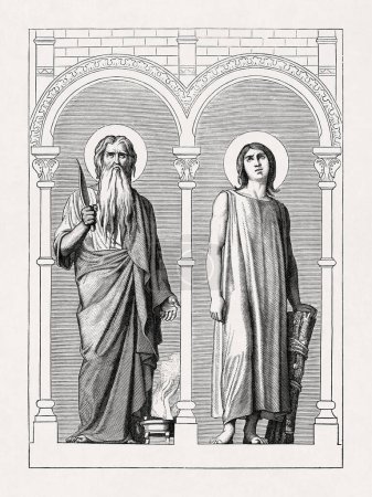 Illustration mit dem Titel "Die Patriarchen", die Abraham links und Isaak rechts darstellen. Fresko von Hippolyte Flandrin aus dem 19. Jahrhundert.