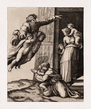 Illustration entitled "The Vocation of Abraham" engraved by Marcantonio Raimondi after a fresco by Raphael.