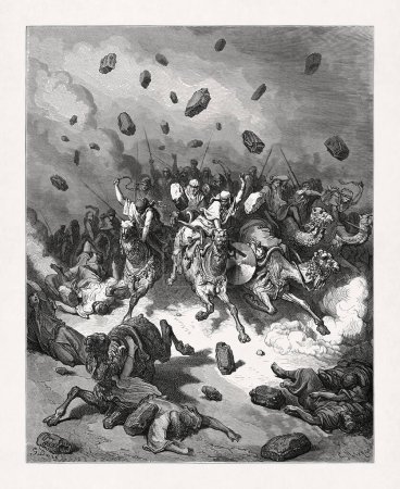 Foto de Dibujo del ejército amorreo destruido por un granizo de piedras hecho en 1866 por Gustave Dore para ilustrar una nueva edición de la Santa Biblia. - Imagen libre de derechos