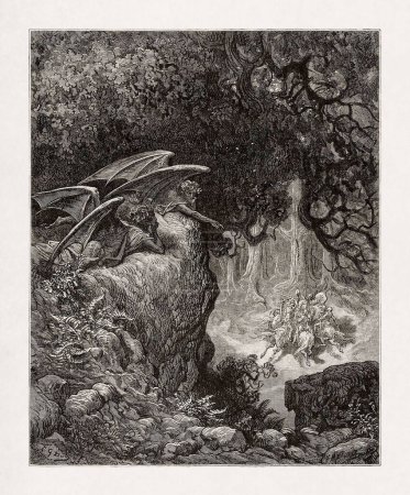 Discord and Pridefulness are Pleased at the Mle Between Christian and Moorish Heroes. Illustration by Gustave Dore to illustrate the 16th century Italian epic poem "Orlando Furioso" by Ludovico Ariosto.