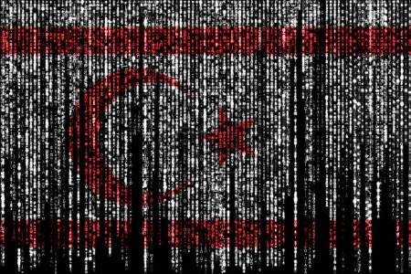 Flag of the Turkish Republic of Northern Cyprus on a computer binary codes falling from the top and fading away.