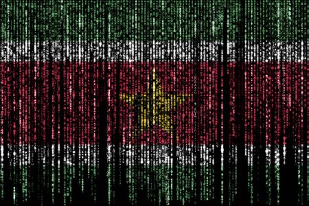 Flagge von Suriname auf einem Computer Binärcodes fallen von oben und verblassen.
