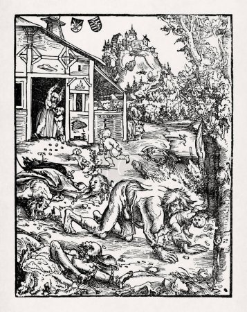 Gravure sur bois intitulée "Le loup-garou ou le cannibale", par l'artiste allemand Lucas Cranach l'Ancien, réalisée en 1512.