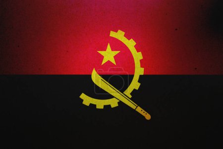 Angolanische Flagge auf Papierbogen gedruckt.