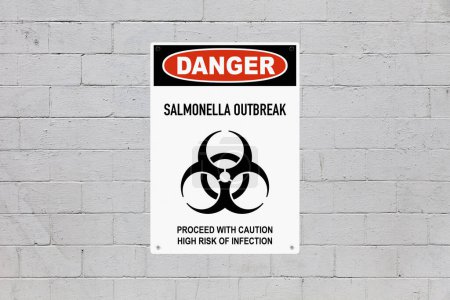 Photo for Warning sign screwed to a brick wall to warn about a health hazard. In the middle of the panel, there is a biohazard symbol and the message is saying "Danger, salmonella outbreak. Proceed with caution, high risk of infection". - Royalty Free Image