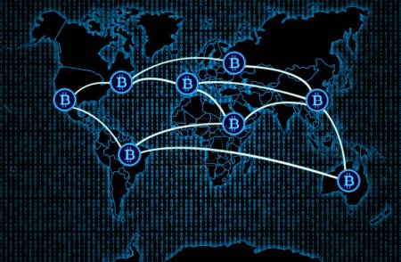 Foto de Transacciones internacionales de bitcoin en un fondo de mapa del mundo oscuro. - Imagen libre de derechos