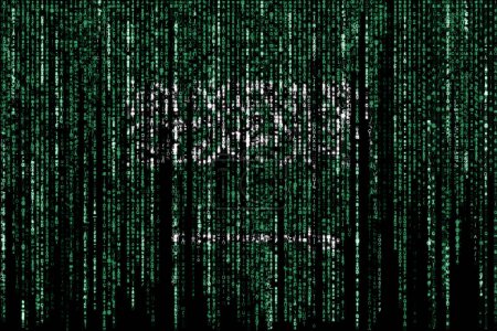Drapeau de l'Arabie Saoudite sur un ordinateur codes binaires tombant du haut et disparaissant.