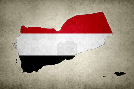 Grunge-Karte des Jemen mit seiner Flagge innerhalb seiner Grenze auf altem Papier gedruckt.
