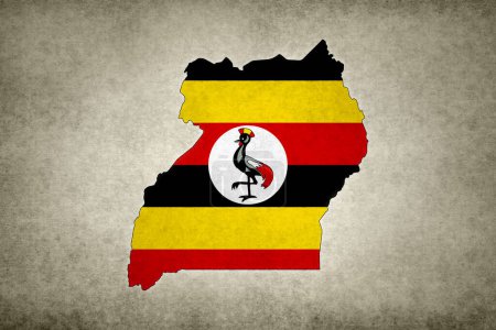 Grunge map of Uganda with its flag printed within its border on an old paper.