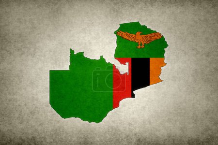 Mapa grunge de Zambia con su bandera impresa dentro de su frontera en un papel viejo.