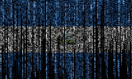 Flagge Nicaraguas auf einem Computer Binärcodes fallen von der Spitze und verblassen.