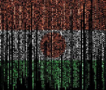 Flag of Niger on a computer binary codes falling from the top and fading away.