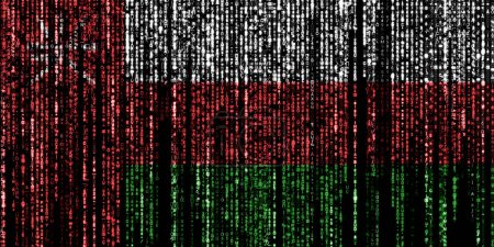 Flag of Oman on a computer binary codes falling from the top and fading away.