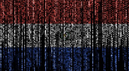 Flagge von Paraguay auf einem Computer Binärcodes fallen von der Spitze und verblassen.