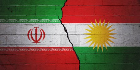 Cracked brick wall painted with a Iranian flag on the left and a Kurdish flag on the right.