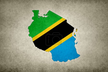Grunge map of Tanzania with its flag printed within its border on an old paper.
