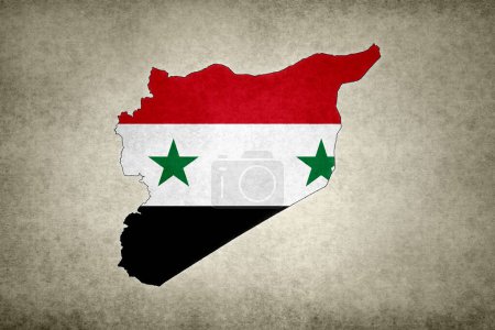 Carte grunge de la Syrie avec son drapeau imprimé à l'intérieur de sa frontière sur un vieux papier.