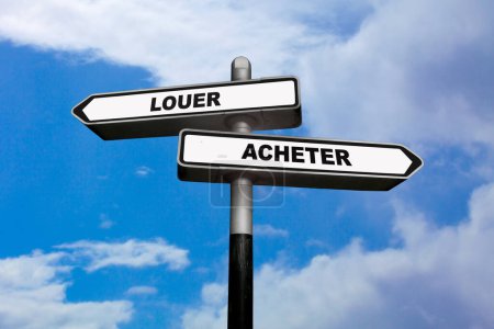 Zwei Richtungsschilder, eines zeigt nach links und das andere nach rechts, in denen auf Französisch geschrieben steht: Louer / Acheter, was auf Englisch bedeutet: mieten / kaufen.