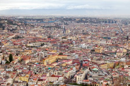 Aerial view of Naples in Italy with its countless churches' domes (e.g. the Santissima Trinit dei Pellegrini, the Basilica dello Spirito Santo, the Santa Maria Maggiore della Pietrasanta...).