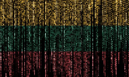 Flag of Lithuania on a computer binary codes falling from the top and fading away.