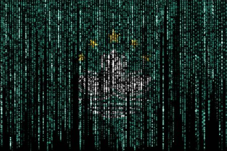 Flag of Macau on a computer binary codes falling from the top and fading away.