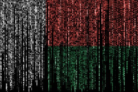 Flagge Madagaskars auf einem Computer mit binären Codes, die von oben fallen und verschwinden.
