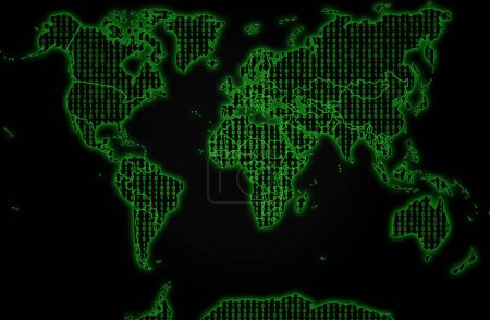 Photo for Green world map filed with binary code against a black background. - Royalty Free Image