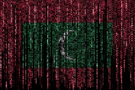 Flagge der Malediven auf einem Computer mit binären Codes, die von oben fallen und verschwinden.