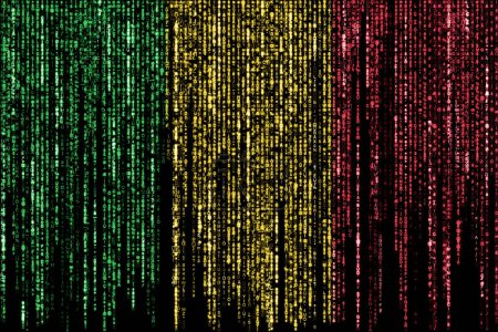 Drapeau du Mali sur un ordinateur codes binaires tombant du haut et disparaissant.
