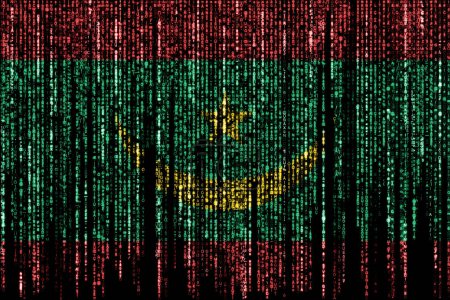 Flagge von Mauretanien auf einem Computer Binärcodes fallen von der Spitze und verblassen.