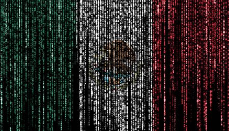 Flagge von Mexiko auf einem Computer binäre Codes fallen von der Spitze und verblassen.