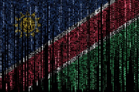 Flag of Namibia on a computer binary codes falling from the top and fading away.