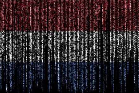 Flagge der Niederlande auf einem Computer Binärcodes fallen von der Spitze und verblassen.