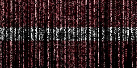 Flagge von Lettland auf einem Computer binäre Codes fallen von der Spitze und verblassen.
