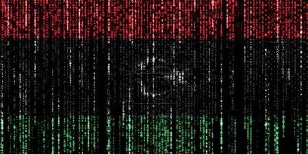 Flagge Libyens auf einem Computer Binärcodes fallen von der Spitze und verblassen.