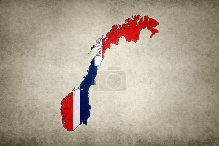 Grunge map of Norway with its flag printed within its border on an old paper.