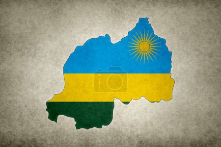 Grunge map of Rwanda with its flag printed within its border on an old paper.