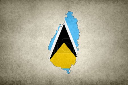Grunge map of Saint Lucia with its flag printed within its border on an old paper.