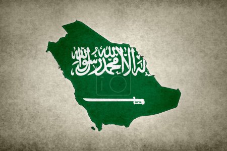 Grunge map of Saudi Arabia with its flag printed within its border on an old paper.