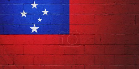 Flag of Samoa painted on a cinder block wall.