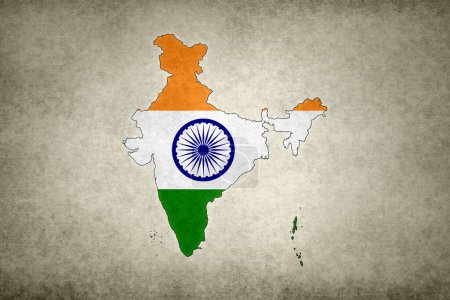 Mapa grunge de la India con su bandera impresa dentro de su frontera en un papel viejo.
