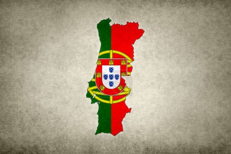 Grunge map of Portugal with its flag printed within its border on an old paper.
