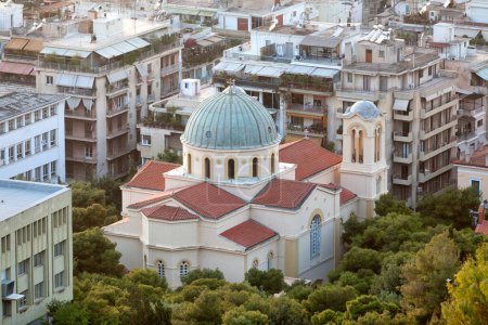 Aerial view of Saint Nicholas Church taken from the Mount Lycabettus in Athens, Greece.