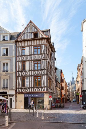 Photo for Rouen, france - July 21 2017: Halg-timbered building with the Tribunal de grande instance (Courthouse) at the end of the street. - Royalty Free Image