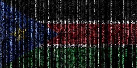 Flagge des Südsudan auf einem Computer Binärcodes fallen von der Spitze und verblassen.