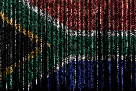 Foto de Bandera de Sudáfrica en un ordenador códigos binarios que caen desde la parte superior y se desvanecen. - Imagen libre de derechos
