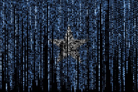Flag of Somalia on a computer binary codes falling from the top and fading away.