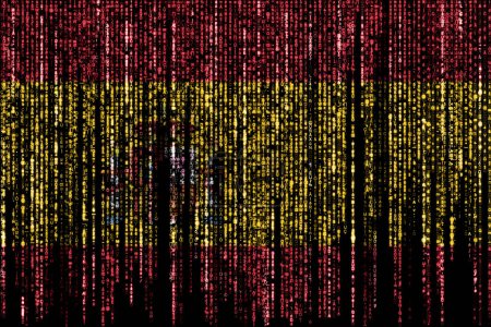 Flagge von Spanien auf einem Computer binäre Codes fallen von der Spitze und verblassen.