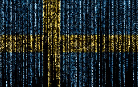 Foto de Bandera de Suecia en un ordenador códigos binarios que caen desde la parte superior y se desvanecen. - Imagen libre de derechos